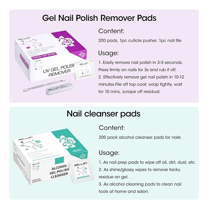 Gellen Gel Polish Remover Pad Kit, Acetone Polish Remover Pads & Alcohol Pads Cleanser Wipes, 400 Pack Travel Kit Professional Individually Wrapped Quick Easy with Glycerin Moisturizing