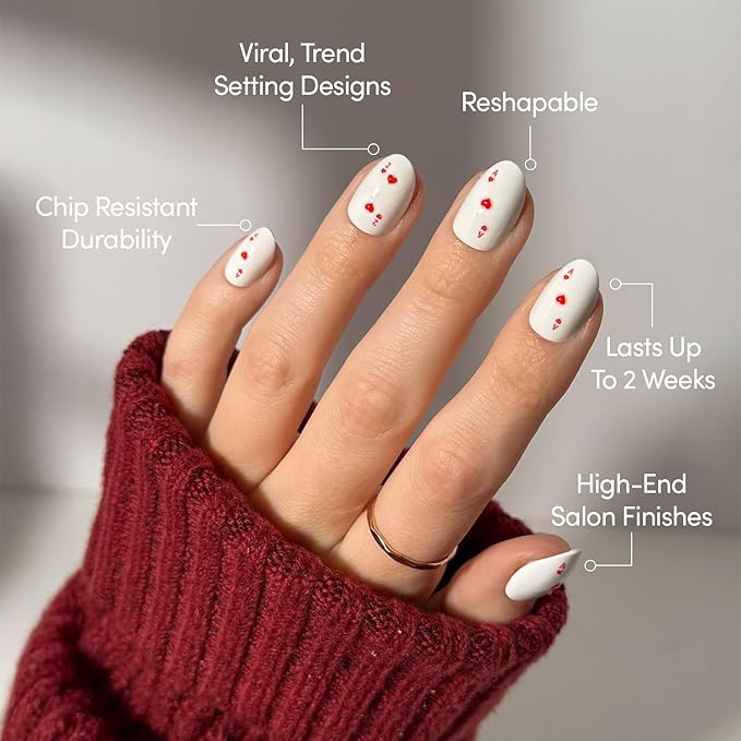 Valentines Day Glamnetic Press On Nails - Ace of Hearts | Short Oval Fake Nails in White Solid Base with Raised Ace of Hearts Graphics in a Glossy Finish | 15 Sizes - 30 Nail Kit with Glue