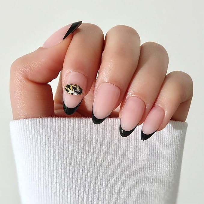 Glamnetic x Fanatics Press On Nails - Missouri Tigers | Short Almond Fake Nails, Collegiate Tigers Black French Tips, College Nails, Salon-Quality | 15 Sizes - 30 Nail Kit with Glue