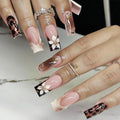 Long Square Press on Nails Fake Nails Artificial Nail Elegant Nude Base with Brown Leopard Print, Pearl, Gold Line & Flower Nail Art Design Stick on Nail for Women