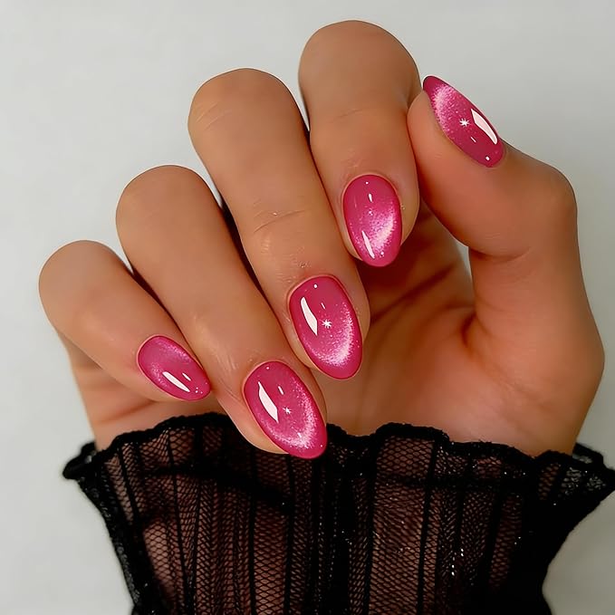 Cat Eye Press on Nails Short, Chrome Press on Nails Oval, Thick Glazed Virant Hot Pink Fake Nails Press ons for Women, Reusable Magnet Bling Glitter Glue On Nails Almond in 15 Sizes, 30 Pcs