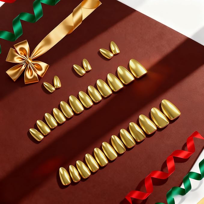 Chrome Press on Nails Short Almond, Metallic Gold Fake Nails with a Sparkle Mirror Finish, Glitter Glue on Nails for Women Birthday Party, Thick Quality Soft Gel Nail Press ons 30 Pcs