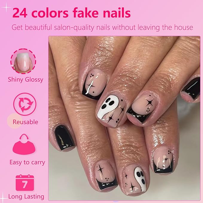AddFavor 576pcs Press on Nails Short Square Fake Nails - Glossy Full Cover Acrylic Artificial False Nail Tips 12 Sizes for Women Girls 24 Colors Short Press on Nails Square Shape
