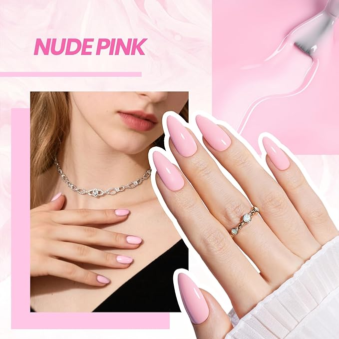 Beetles Nude Pink Gel Nail Polish Kit with UV LED Light Nail Lamp 6 Pcs Starter Kit Base Gel Top Coat Soak Off Nude Pink Polish Set with Nail File for DIY Manicure Gifts for Women