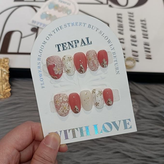 Short Oval Press on Nails,Peach Yogurt Base Glue on Nails,Hand-Painted Cloisonné Florals False Nails Press ons,Artisan Chinese Style Fake Nails Kit,Enamel Wire Inlay Nail Art Tools 10pcs(S)