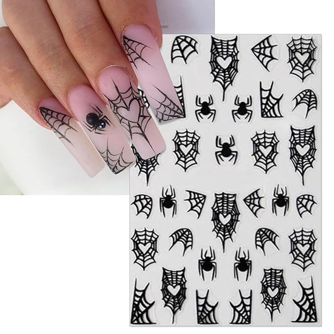 Halloween Spider Web Nail Stickers, 8 Sheets Black White Web Self-Adhesive 3D Nail Art Decals for DIY Manicure