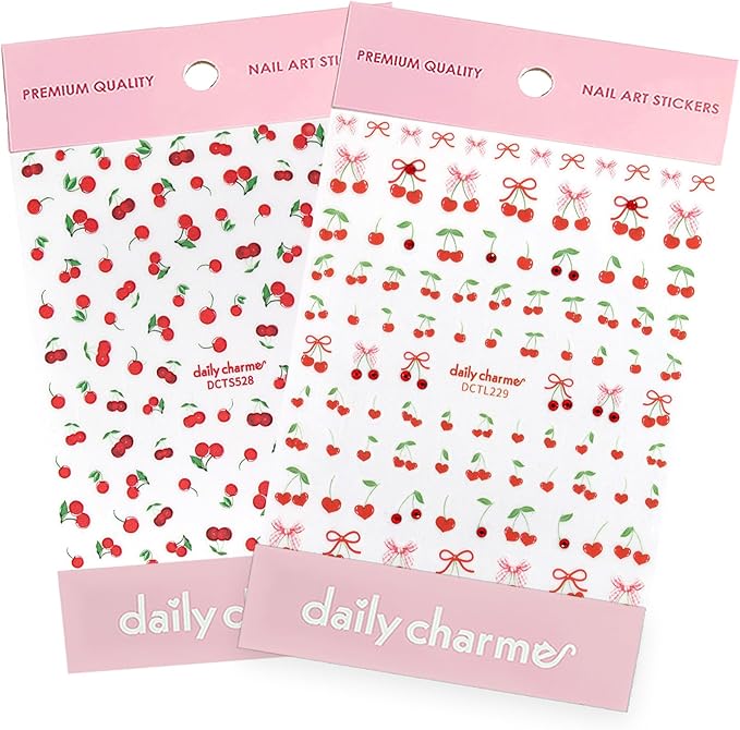Daily Charme Red Cherry Coquette Bow Nail Art Sticker Bundle, Cute 3D Nail Art with Red Rhinestones for Cute Valentine's Day, Spring, Summer Nails