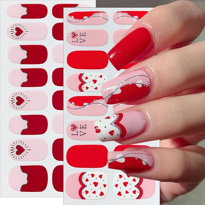 6 Sheets Valentines Day Nail Stickers Romantic Pink Red Heart Full Wrap Gel Nail Strips Self-Adhesive Red Lips French Tip Nail Polish Strips Cute Holiday Gel Nails Decals for Women Acrylic DIY