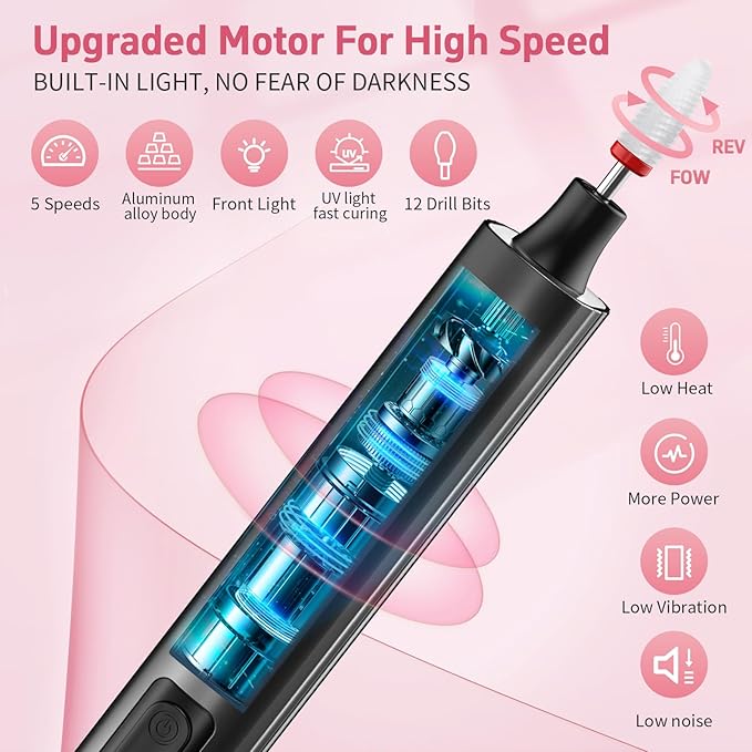 Cordless Nail Drill Electric File with UV Nail Lamp:Professional for Acrylic Gel Dip Powder Nails Portable Nail Drill Machine Kit for Manicure Pedicure Nail Set Rechargeable Lightweight (Black)