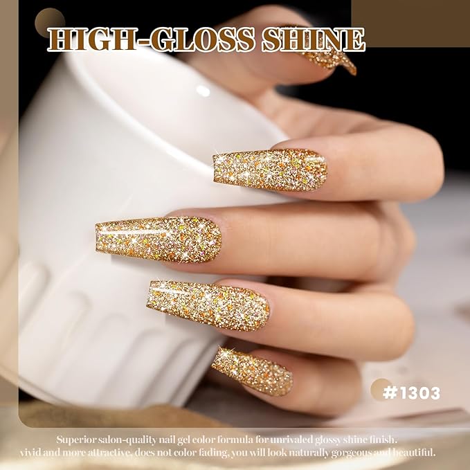 RARJSM Champagne Gold Reflective Glitter Gel Nail Polish Holographic Rainbow Iridescent Sparkle Flash Diamond Shimmer LED UV Soak Off Gelpolish Nail Art Manicure Salon DIY at Home 1pcs 7.5ml