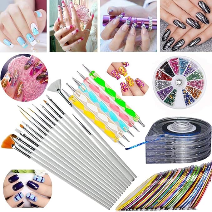 Nail Art Kit includes 30 Striping tape & 4Pcs Striping Roller Box & 12 Colors Rhinestones & 5pcs Dotting Pen & 15pcs Brush Set