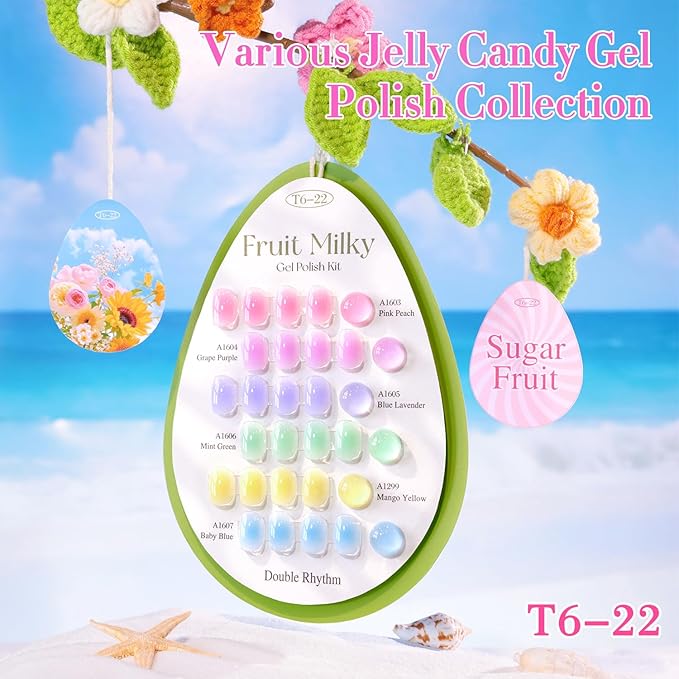 Double Rhythm 6 Pcs 15 ML Gel Polish Set Same Color Same Bottle Soak Off Gel Polish Kit Nail Art Manicure Salon DIY at Home for Women (Jelly Pink Purple Green Yellow Blue-T6-22)
