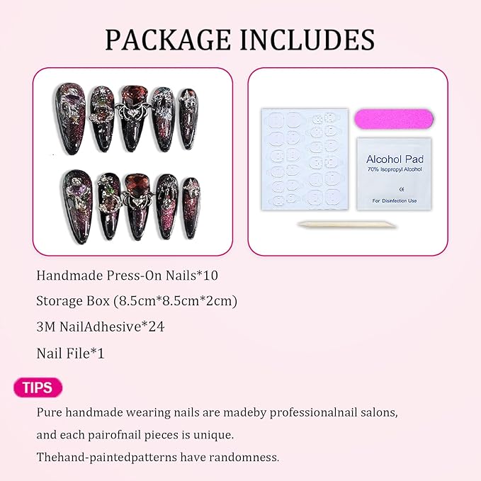 Handmade Press on Nails Medium Almond Fake Nail Halloween 3D Spider and Silver Spider Web Designs Black French Tip Stick on Nails Red Heart Thick False Nails for Women (S)