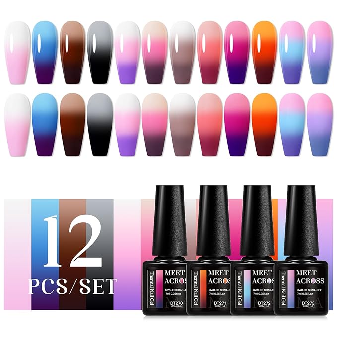 MEET ACROSS Color Changing Gel Nail Polish Set of 12 Temperature Changing Colors Gel Polish Including Pink Purple Orange Mood Changing Gel Manicure Kit for Nail Art Home DIY