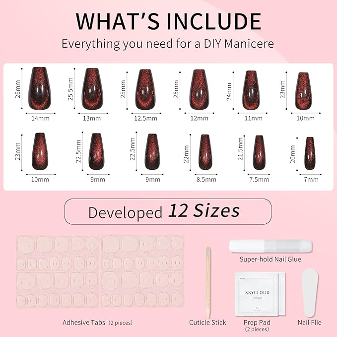 Cat Eyes Press On Nails,12 Sizes - 24 Pcs Soft Gel Dark Red Brown Medium Coffin Fake Nails Kit with Nail Glue, Natural Reusable Stick On False Nails for Women and Girls (Skycloud Nails) SK0825