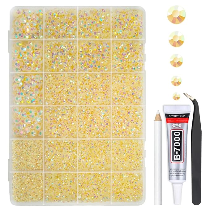 Light Champagne AB Resin Rhinestones w B7000 Jewelry Glue for Bedazzling Crafting 2mm-6mm Flatback Jelly Stones Diamonds Crystals Gems Charms for Nails Face Eyes Makeup Tumblers Bottles Crafts