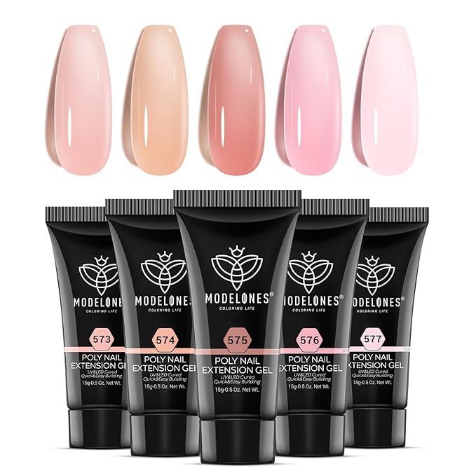 modelones Poly Gel Set 5 Colors Jelly Gel Milky White Sheer Pink Nude Translucent Nail Extension Kit DIY Art for Women