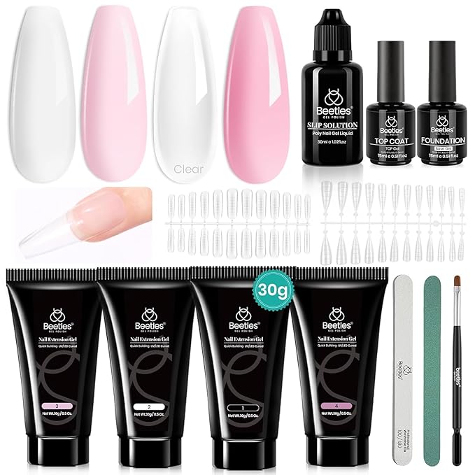 Beetles Poly Nail Extension Gel Kit, 4 Colors Pink White Poly Nail Gel Builder Nail Gel with Poly Brush & Slip Solution Nail Salon All In 1 Kit Gift for Women, UV & LED Needed