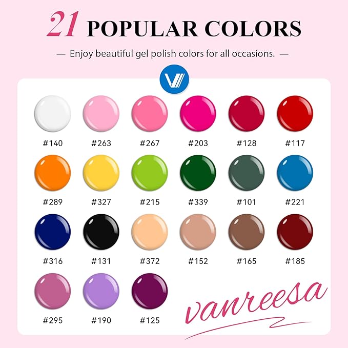 VANREESA 24 Pcs Gel Nail Polish Set, 21 Colors Gel Polish with Base Coat Glossy & Matte Top Coat Pink Red Orange Yellow Green Blue Purple brown Gel Polish Kit Nail Kit Gifts for Women