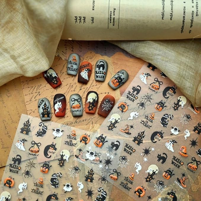 Halloween Nail Stickers 3D Self Adhesive Cute Pumpkin Nail Art Stickers 5D Embossed Black Bat Cat Nail Decals Spider Web Nail Art Supplies Haunted House Nail Design for Women Girls 1 Sheets