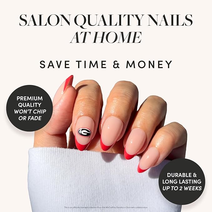 Glamnetic x Fanatics Press On Nails - Georgia Bulldogs | Short Almond Fake Nails, Collegiate Bulldogs Red French Tips, College Nails, Salon-Quality | 15 Sizes - 30 Nail Kit with Glue