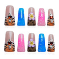 10Pcs Long Handmade Duck Press On Nails, 3D Charms Brown Tiger Stripes Flower False Nails, Blue Pink Colorful Acrylic Multi-Layer Gel Stick On Nails (Tame the Wild Heart, S)