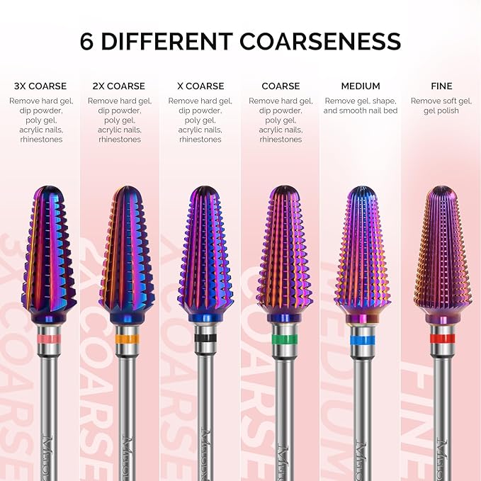 MelodySusie Professional Tornado Nail Drill Bits, 3/32'' Carbide Tungsten Multi-function Bits, Suitable for Manicure Pedicure Cuticle Gel Polishing, Salon Bits, Purple, Series Bit-X, Medium