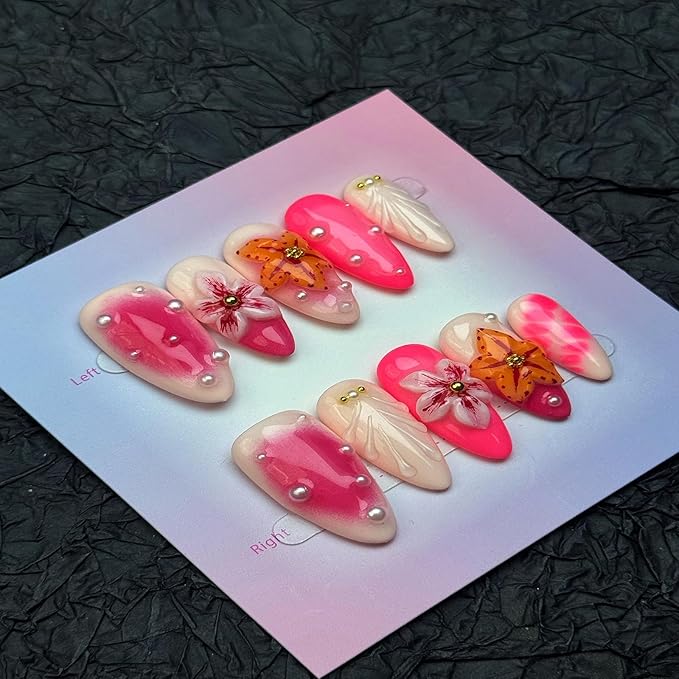 100% Handmade Press on Nails Medium Almond Handmade Nails with Flower Starfish Charm Design Ombre Rose Pink Fake Nails Glossy Pearl Nail Press ons Reusable Spring Summer Nails for Women Size M 10Pcs