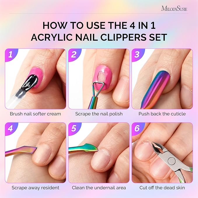 Melodysusie 4 in 1 Acrylic Nail Clippers Set, with Cuticle Trimmer and Dual-Ended Cuticle Pusher Remover, Stainless Steel Acrylic Nail Cutter Set, Pedicure Manicure Acrylic Nail Tools for Home Salon