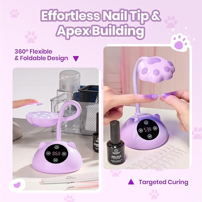 Beetles Gooseneck UV Nail Lamp - Meowgic GrapePurr Mini LED Nail Light with 3 Timer and Countdown Display Flash Cure Lamp for Gel Polish Nails Glue Builder Gel Smart Sensor Cordless Nails Dryer