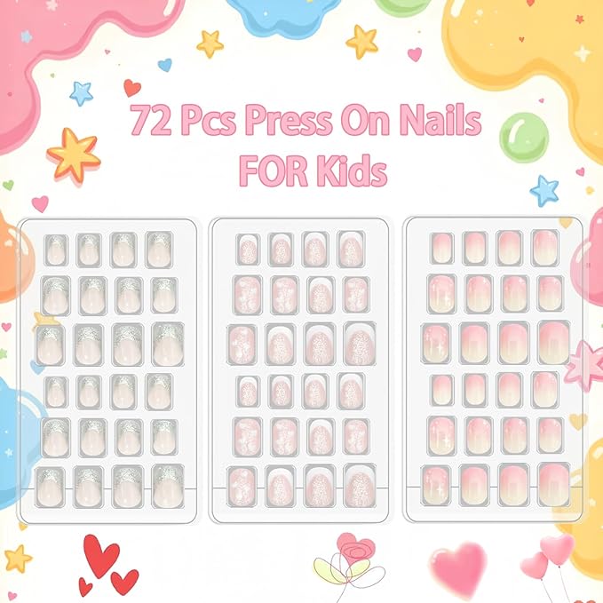 Laza 72pcs Children Nails Press On Pre-glue Full Cover Silver Glitter Stars Pink Heart Short Ombre False Nail Kits for Kids Teenager Girls - Sparkling Sweety