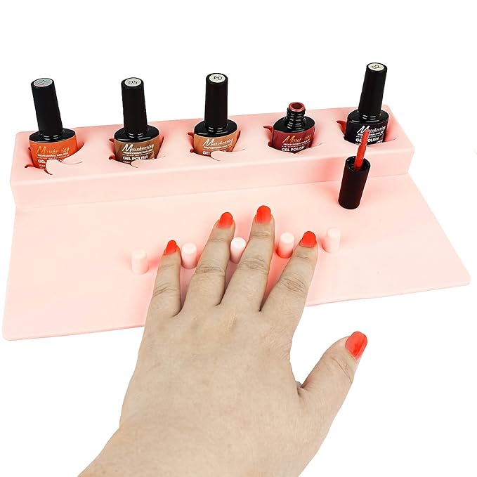 Nail Polish Holder Silicone Fingernail Painting Tools, Nail Polish Organizer with Fixed Finger Anti-Spill Bottle Stand and Finger Separators for Pedicure Manicure Pink