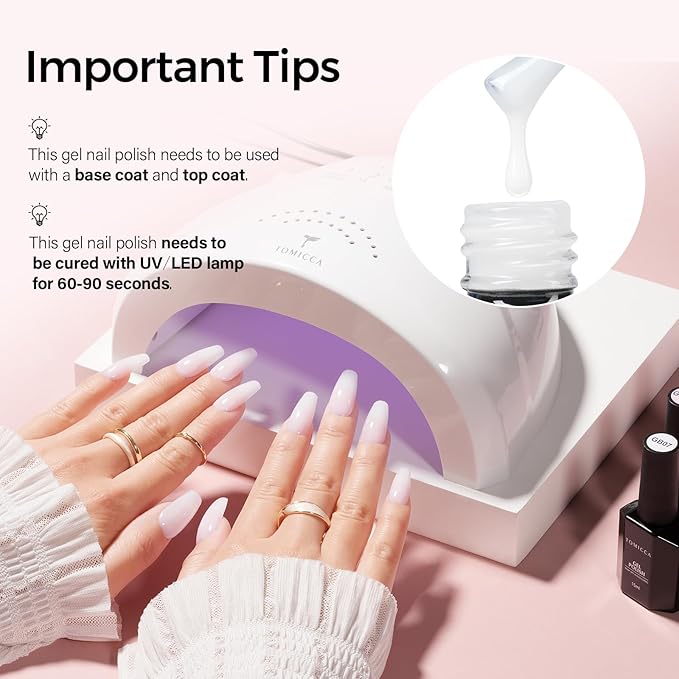 TOMICCA Milky White Gel Nail Polish, Nude Gel Polish Translucent Jelly Gel Polish Natural Color Soak Off UV White Gel Nail Polish for French Manicure