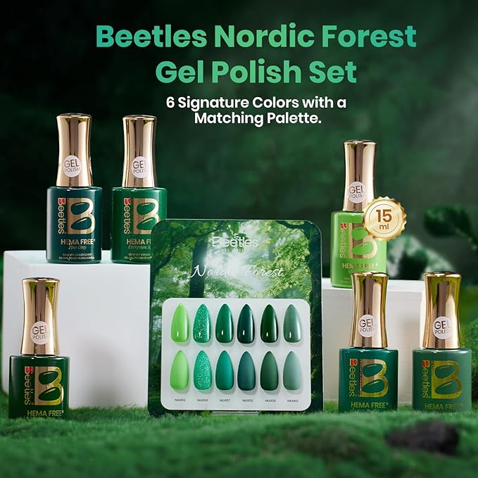 Beetles Green Gel Polish Set, Hema Free 6 Colors Light Dark Green Color Gel Nail Polish Soak off UV Led Lamp Needed Manicure DIY Salon Home St Patrick Day Gifts for Women Mordiic Forest