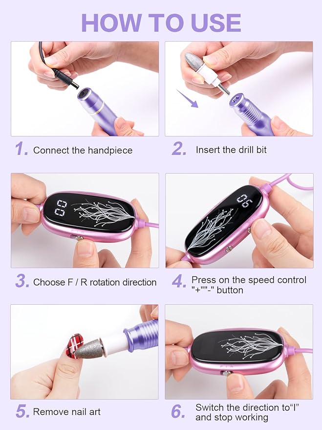 Subay Professional Manicure Pedicure Kit, Electric Nail Drill Set with LED Display, 25000RPM, 11-Piece Attachments Plus 20 Sanding Bands, Nail Grinder Tool for Women Men Baby Pets (3.Purple)