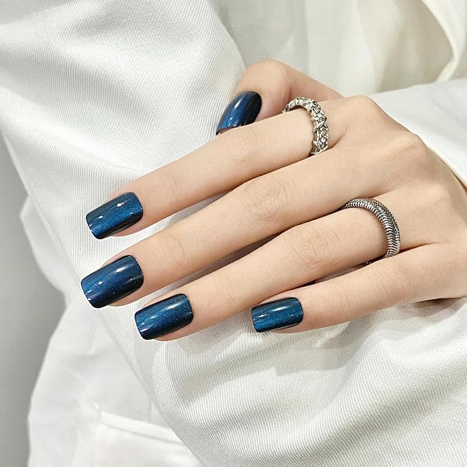 Navy Blue Cat Eyes Press On Nails,12 Sizes - 24 Pcs Soft Gel Navy Blue Medium Square Fake Nails Kit with Nail Glue, Natural Reusable Stick On False Nails for Women and Girls (Skycloud Nails) SK0928