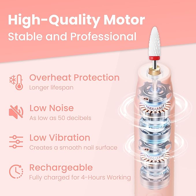 Cordless Electric Nail Drill Kit, Portable Rechargeable Nail Drill Set, Battery Electric Nail File, 5 Speeds Modes, LED Lighting, Reversible Direction, DIY, Professional (Pink)