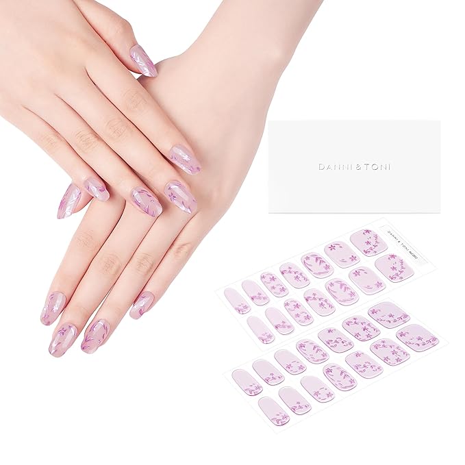DANNI & TONI Semi Cured Gel Nail Strips Floral (Lavender Chrome) Rose Pink Mirror Flower Gel Nail Wraps Transparent Base Gift for Woman