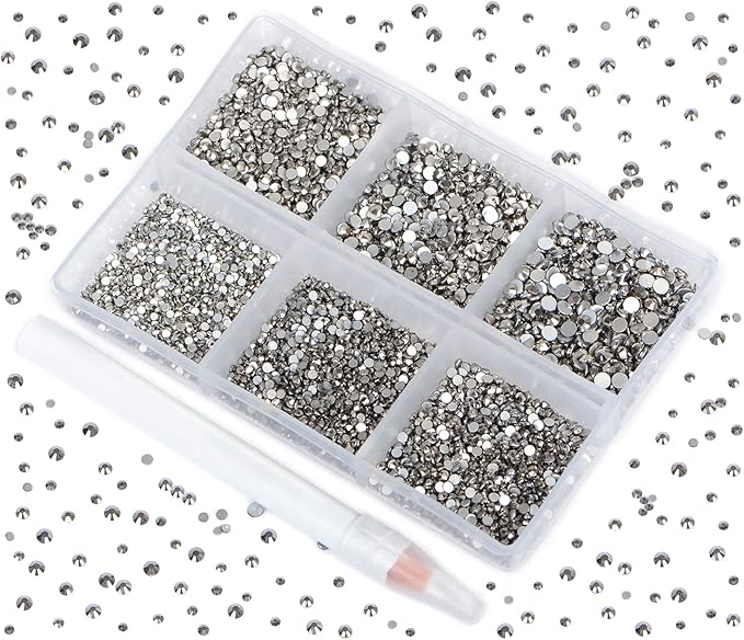 Bymitel 7200 Pieces 6 Mixed Sizes Glue Fix on Glass Rhinestones Round Crystal Gems Flatback for DIY Jewelry Making with one Picking Pen(6-Sizes 7200PCS, Jet Hematite)