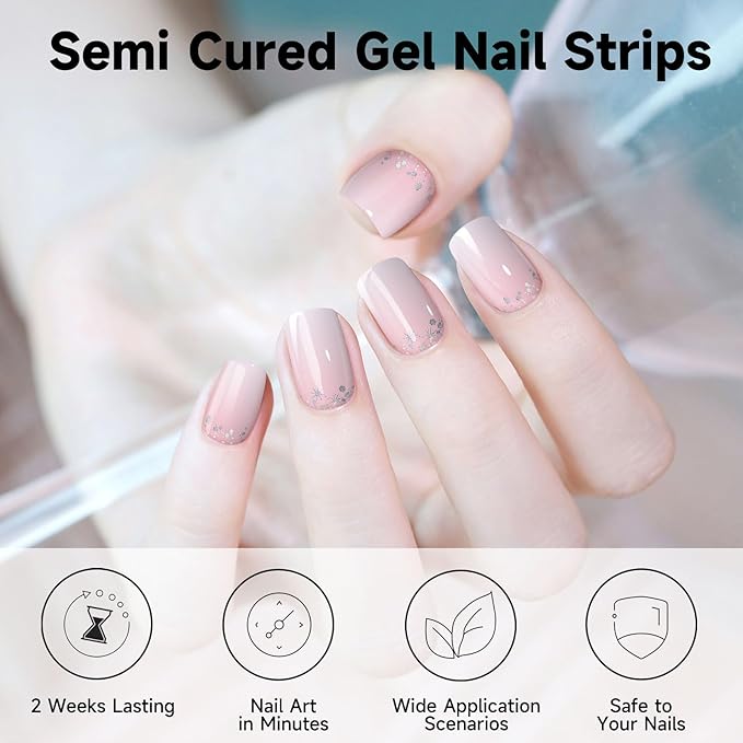Semi Cured Gel Nail Strips, 28 pcs Gel Nail Stickers Work with Any UV Lights, Long-Lasting Nail Wraps, Stick on Nails for women Easy to Apply & Remove
