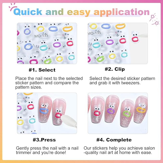6 Sheets Expression Face Nail Stickers,Weird Mouth Nail Art Sticker,Colorful Cute Animal Monster Eyes Jelly 5D Embossed Art Nail Stickers Designs for Women Girls DIY Nail Art Decoration 807-16