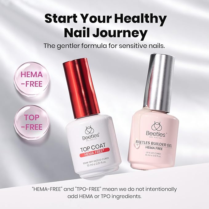 Beetles HEMA-Free 15ml Gel Top Coat and Builder Gel for Nails with Nail Brush, Low Heat Hypoallergenic Clear 8 in 1 Builder High Shine Long Lasting No Wipe Top Coat Nail Polish