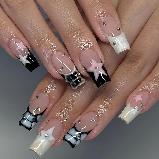Press on Nails Long Coffin MABKJLF French Tip Fake Nails Nude Full Cover Y2K Press on Nails White Pink Star False Nails with Designs Rhinestone Glossy Manicure Glue on Nails for Women Girls 24Pcs
