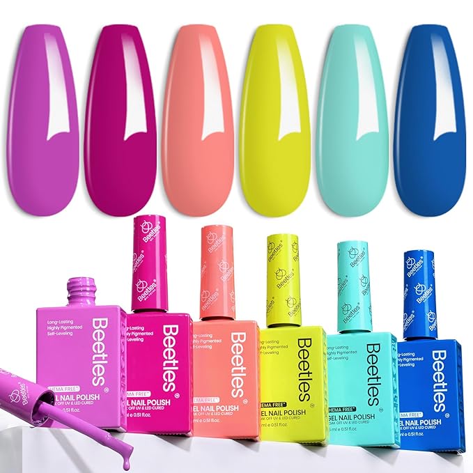 Beetles Neon Gel Nail Polish Set - 6 Colors, 15ML Same Color Bottle, Hema Free Pink Green Coral Purple Blue Neon Gel Nail Polish Set, Soak Off UV Lamp Nail Art, Professional Salon Spring Nails