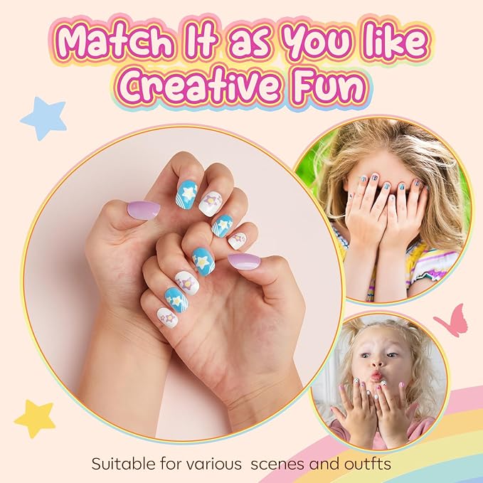 Modelones Press on Nails for Kids 144Pcs 6 Pack Children Acrylic Fake Nails Pre-glue Full Cover Glitter Color Starts Unicorn Butterfly False Nail Kits Sets Thanksgiving Christmas Gifts for Girls
