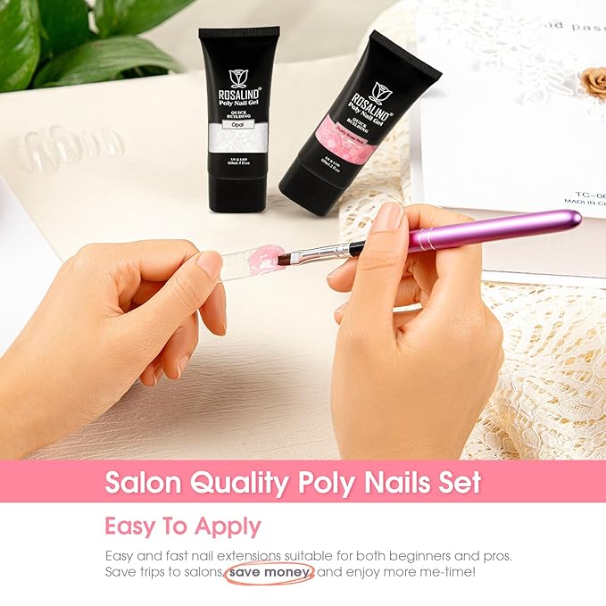 ROSALIND White Rose Pink Acrylic Poly Extension Gel, 2 PCS 2oz/60ml White Poly Nail Gel Set for white Nail Art Decoration, Builder Pink Gel Thickening Poly Nail Gel Tube Easy to DIY Use Need UV Lamp