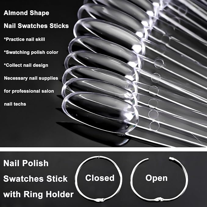 LoveOurHome 150pc Medium Almond Nail Swatch Sticks Vanish Gel Polish Color Design Display Stick Tips Clear Almond Fan Cards Nails Art Practice Sample Tools with Rings