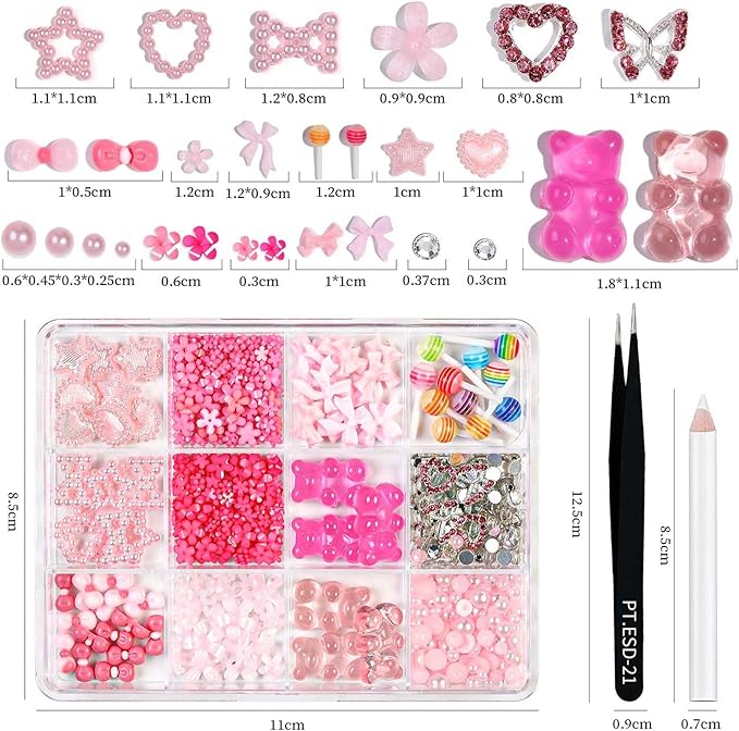 3D Nail Charms and Gems Kit Pink Cute Assorted Candy lollipop Gummy Bear Star Nail Charms with Picker Tools Kawaii Nail Art Charms for Nails Design Supplies Junk Cases DIY Decor Accessories