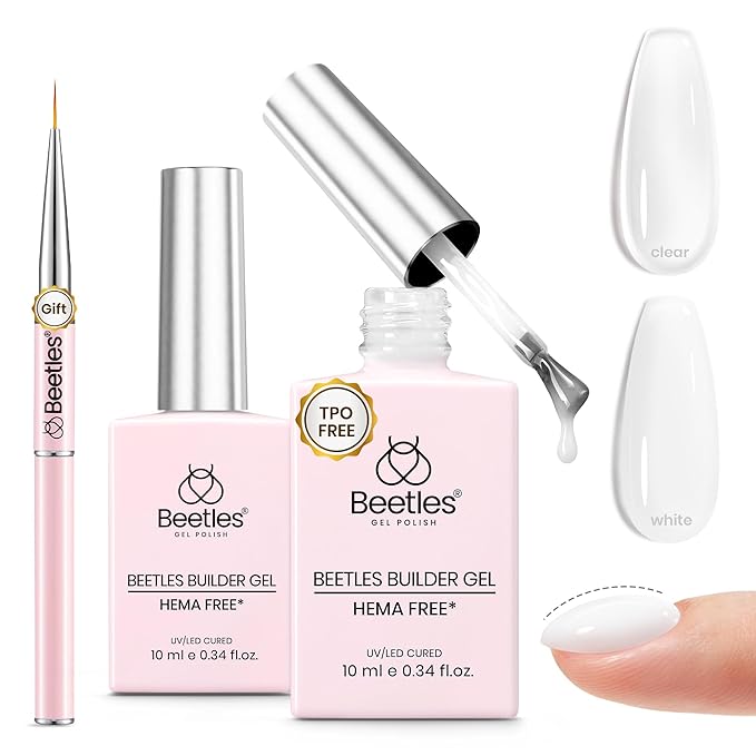 Beetles HEMA-FREE & TPO FREE Builder Nail Gel-Frosted Glow 2 Colors Strengthening Nails Building Apex & Extension for Beginner DIY Salon at Home,Clear & Jelly White Builder Gels UV & LED Lamp Need