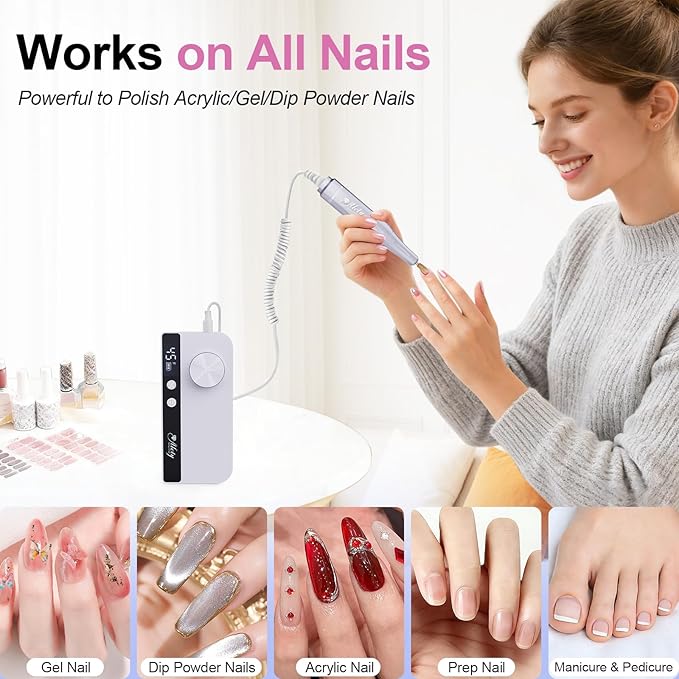 Nail Drill Professional 45000RPM Electric Nail File Kit, Upgraded Rechargeable Cordless Efile Set, Portable Acrylic Gel Nail Polish Remover Machine,Manicure Tool with 11 Gold Bits for Home/Salon